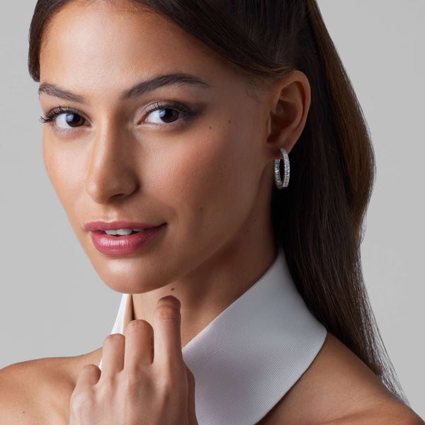 14K White Gold Emerald Hoops 3 CTW