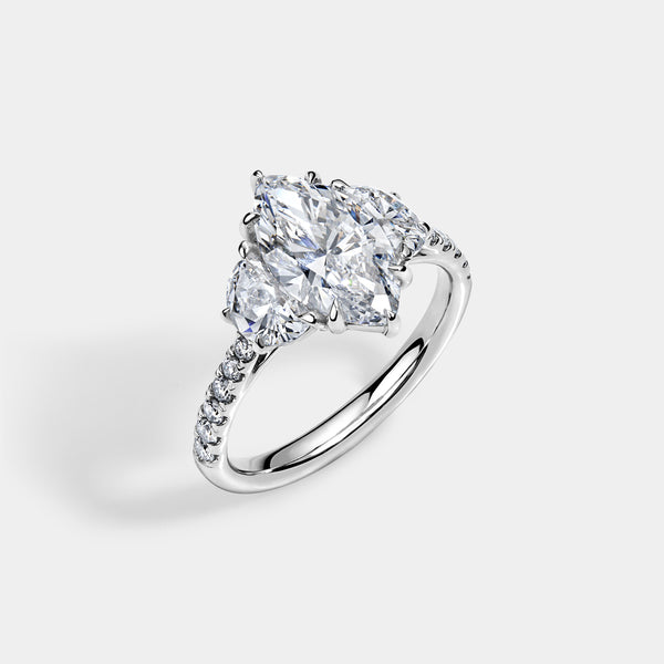 Marquise CUT ENGAGEMENT RING WITH half moons and diamond pavé