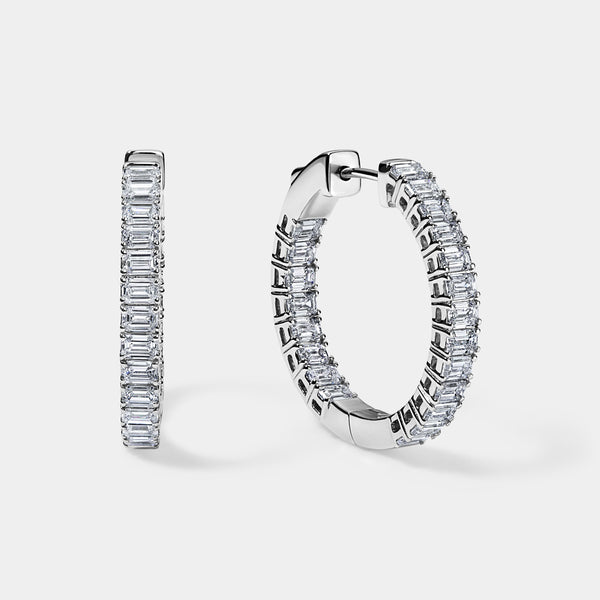 14K White Gold Emerald Hoops 3 CTW