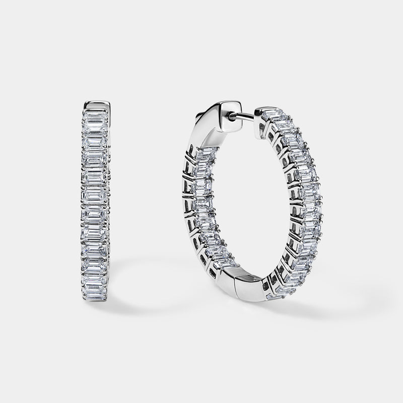 14K White Gold Emerald Hoops 3 CTW