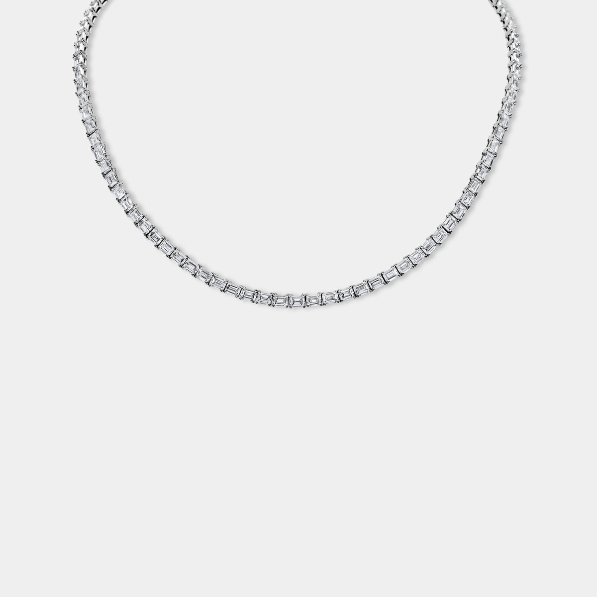 18K White Gold Emerald Tennis Necklace (28 CTW)
