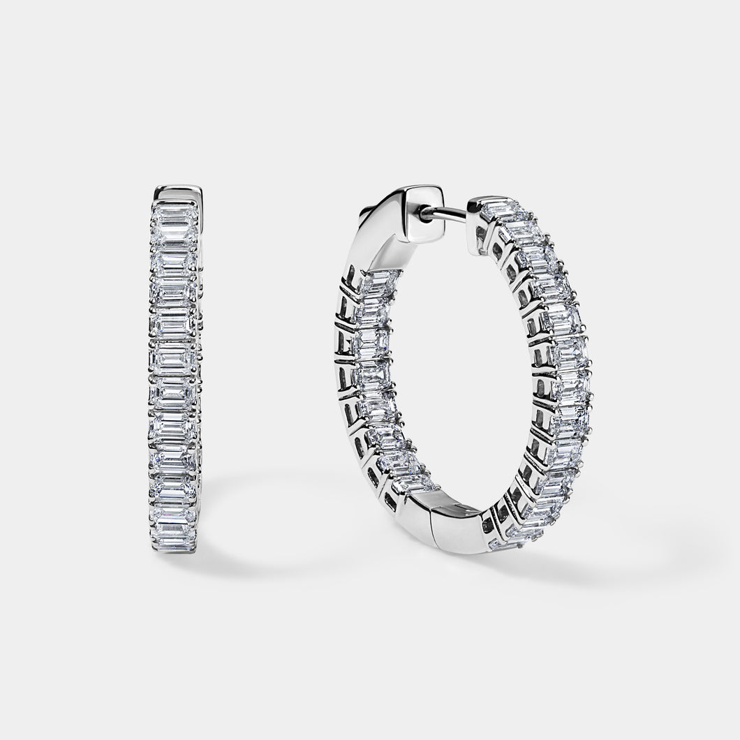 14K White Gold Emerald Hoops 3 CTW
