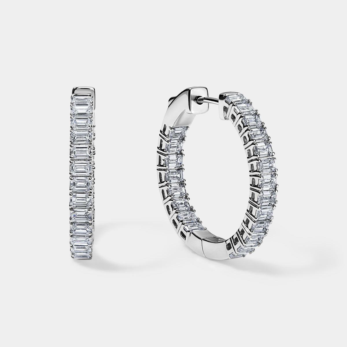 14K White Gold Emerald Hoops 3 CTW