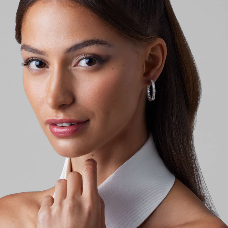 14K White Gold Emerald Hoops 3 CTW