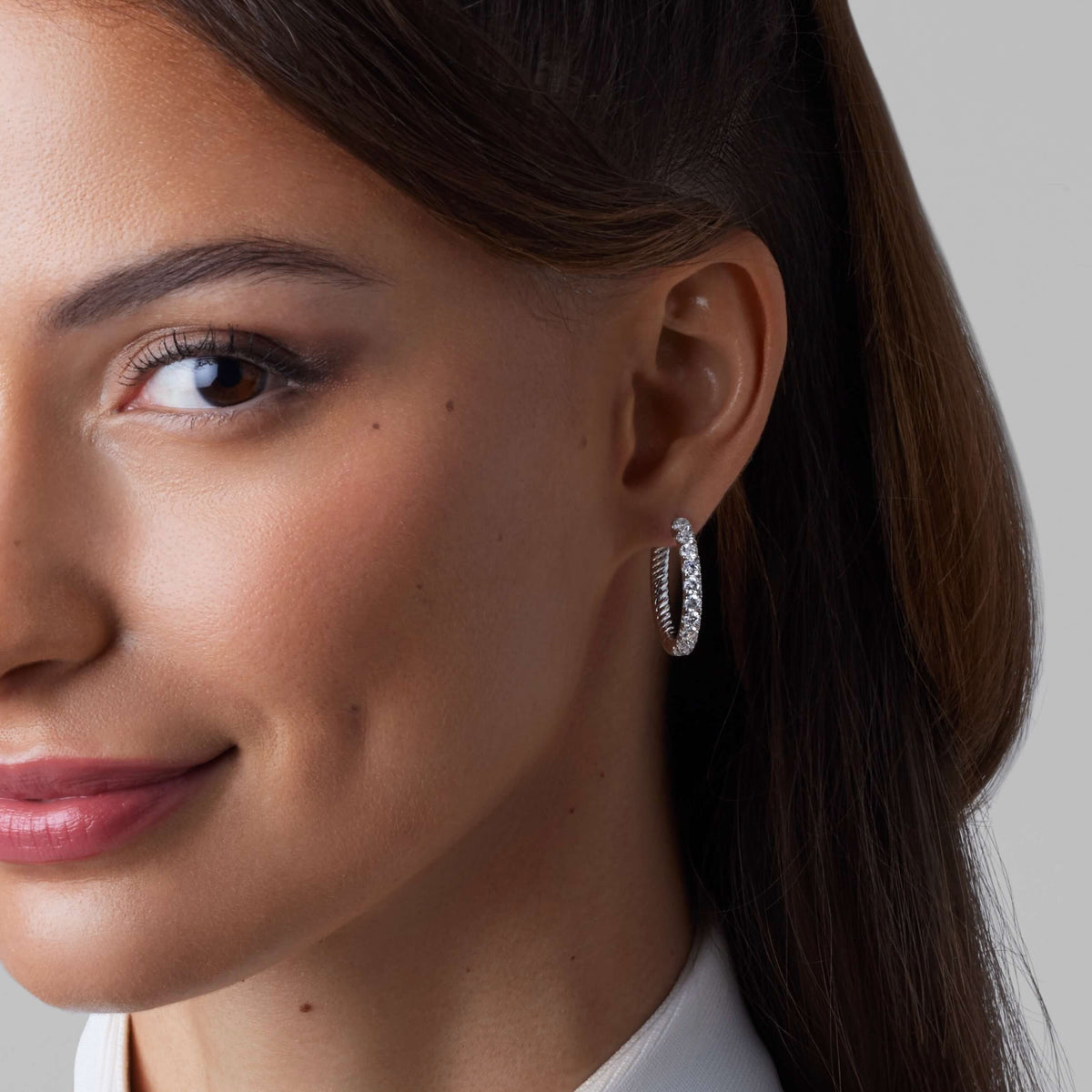 14K White Gold Round Split Hoops 3 CTW