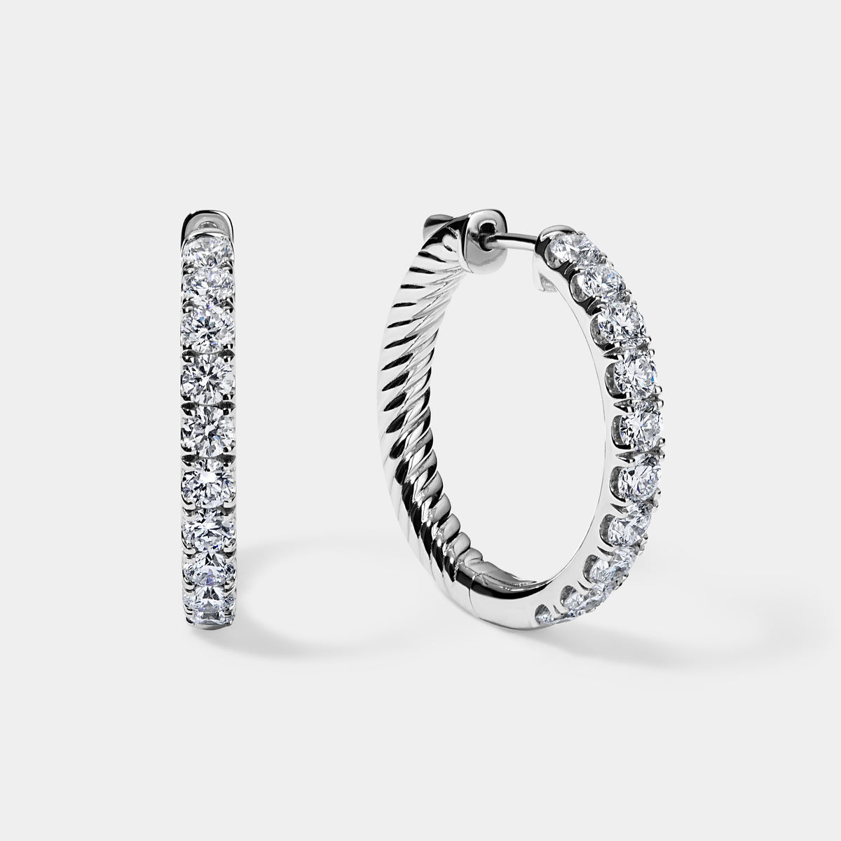 14K White Gold Round Split Hoops 3 CTW