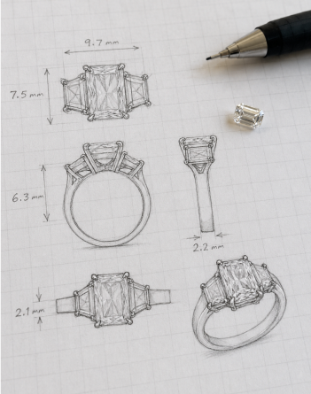 A design sketch beside the finished piece