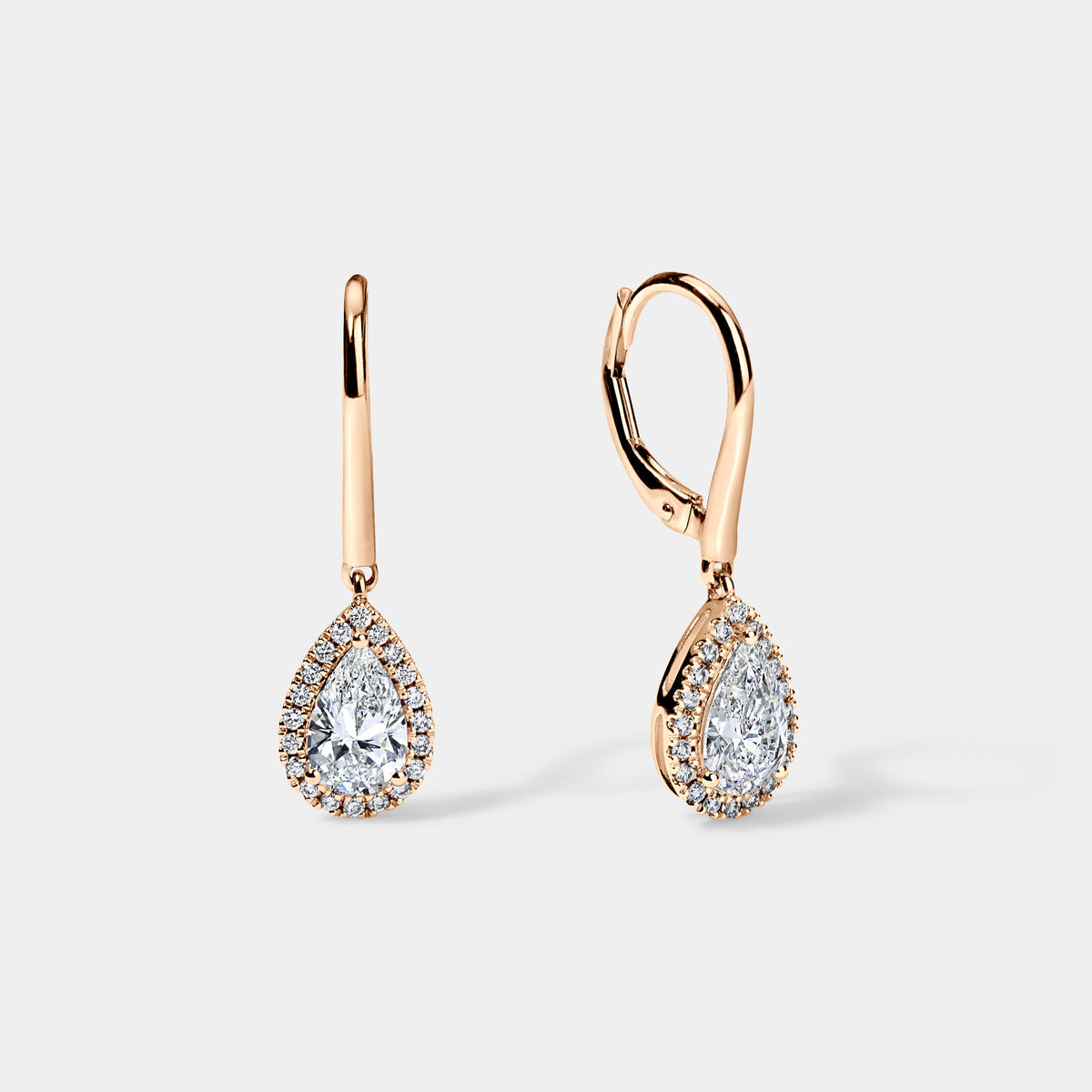 14K Rose Gold Pear Halo Earrings 1.7 CTW