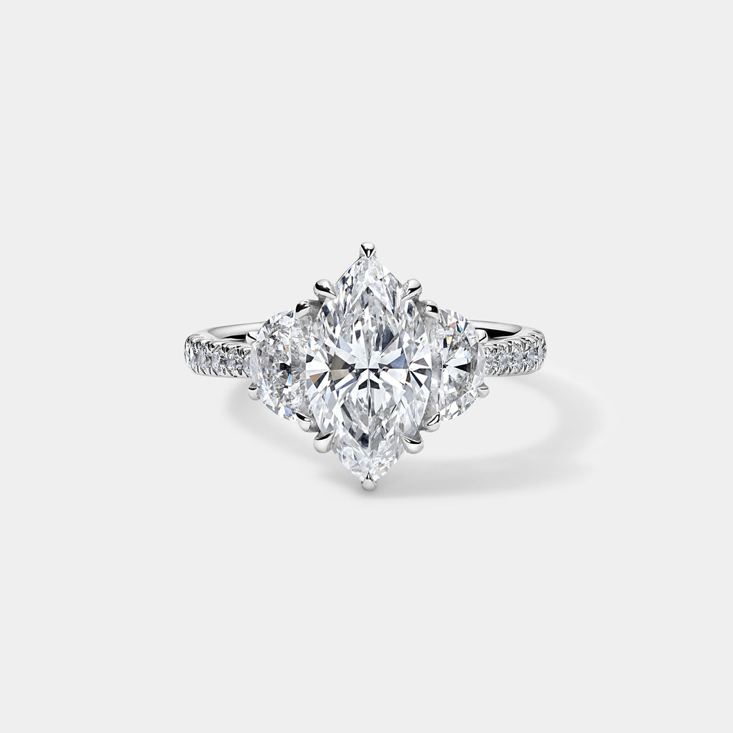 Marquise Cut Engagement Ring with Half Moons and Diamond Pavé