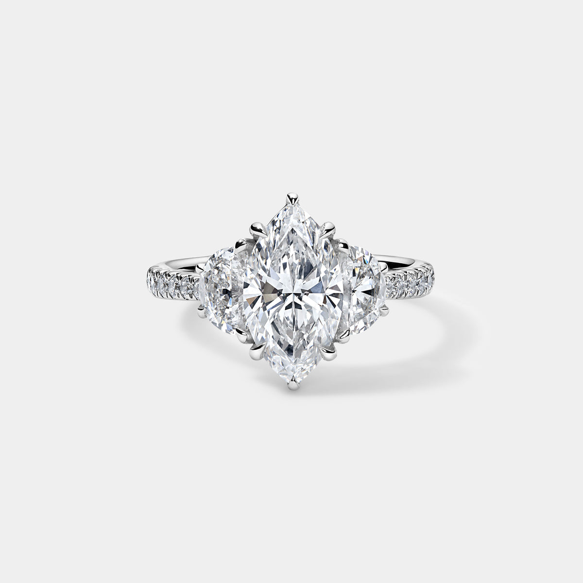 Marquise Cut Engagement Ring with Half Moons and Diamond Pavé
