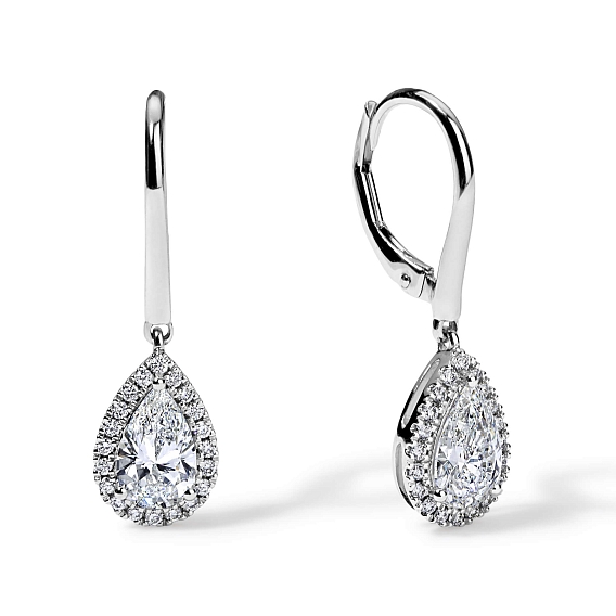 14K White Gold Pear Halo Earrings 1.7 CTW